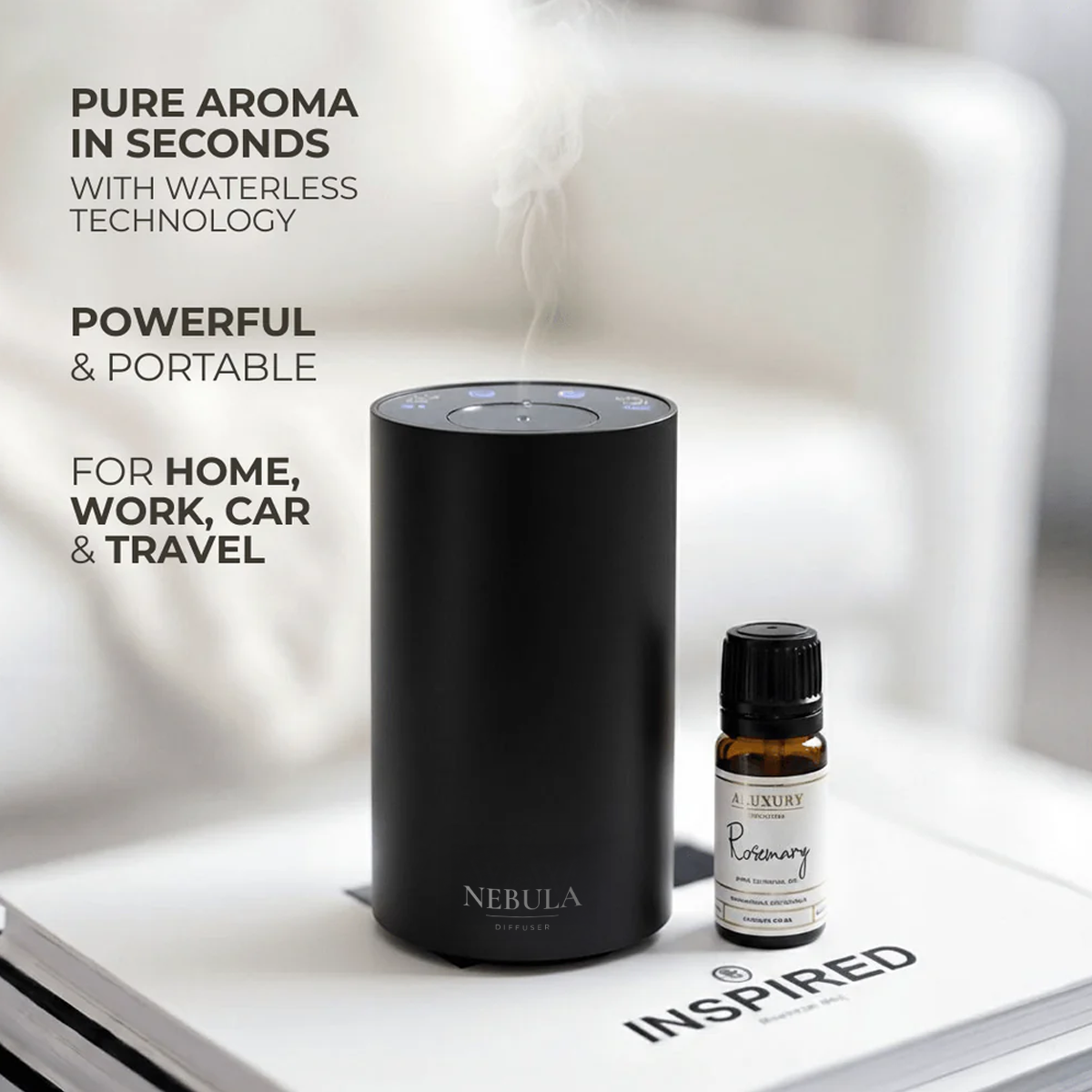 Black portable waterless diffuser nebulizing with essential oil