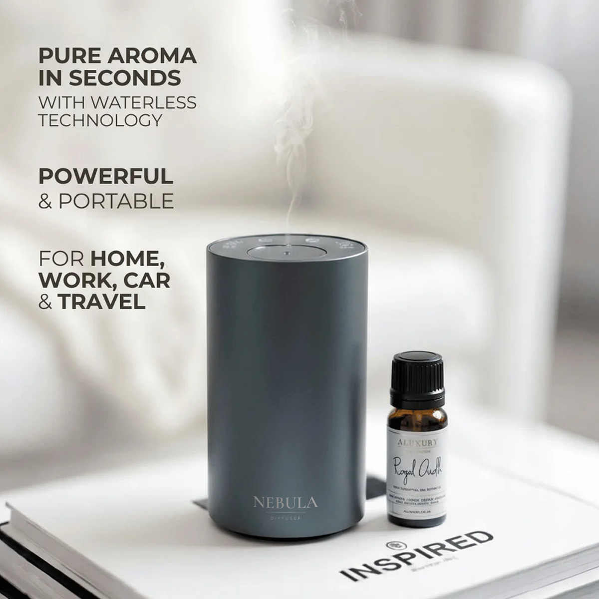 Grey portable waterless diffuser nebulizing with essential oil