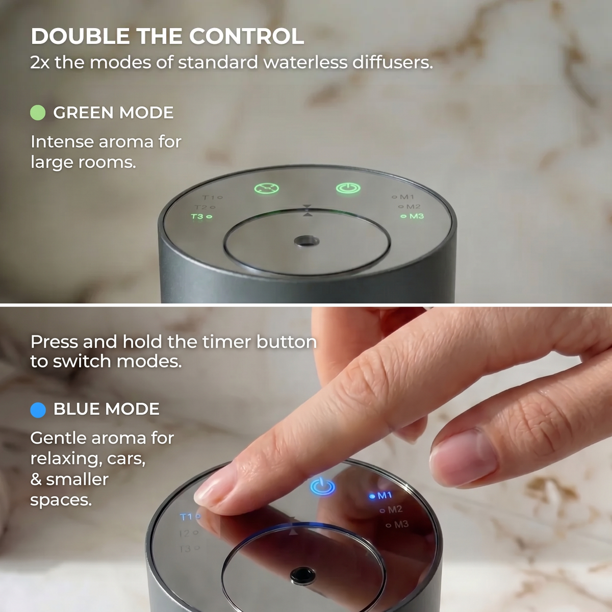 Wireless and rechargeable aroma diffuser in grey with features listed on a marble surface