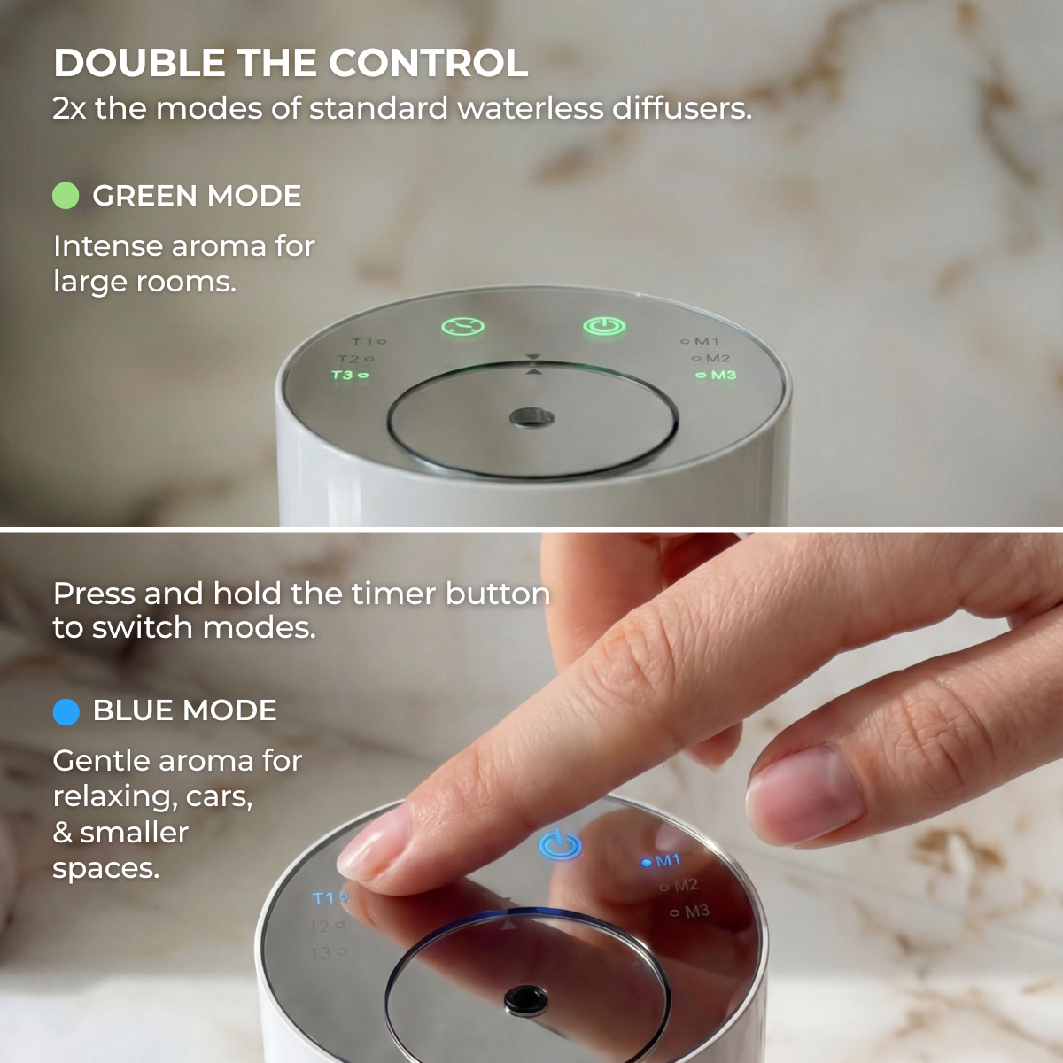 Wireless and rechargeable aroma diffuser with features listed on a marble surface