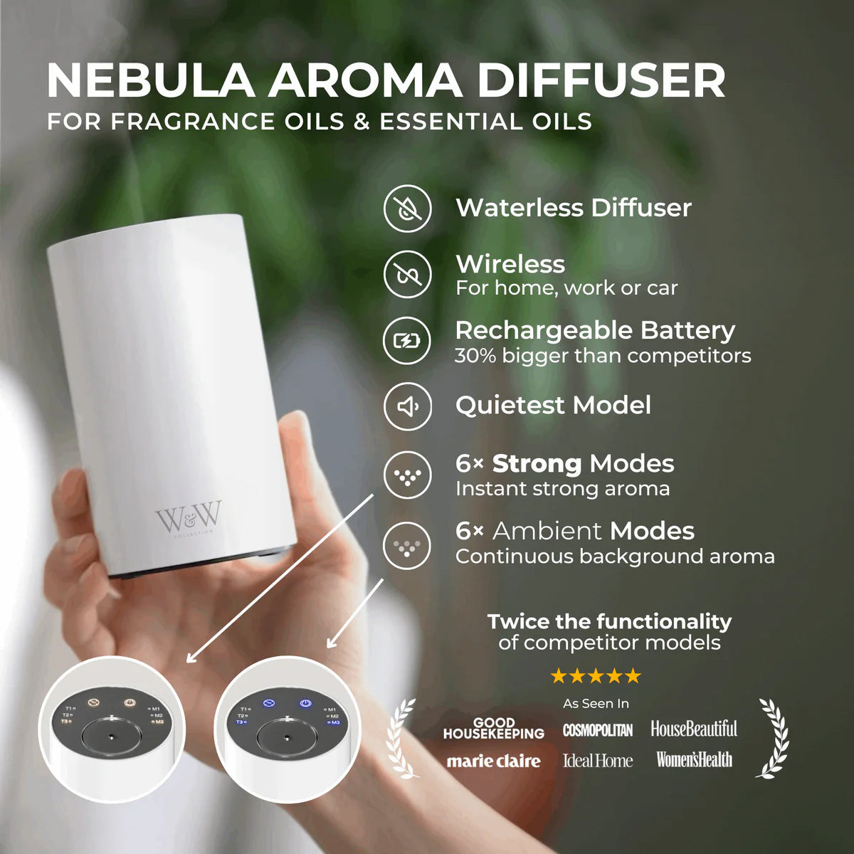 waterless diffuser in hand with aroma features