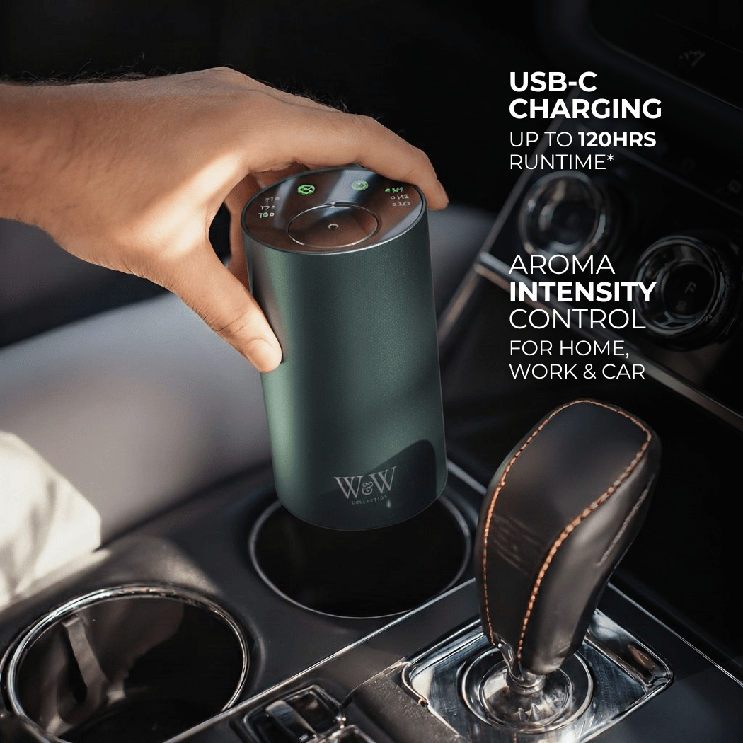 Hand holding a wireless grey electronic diffuser in a car's cup holder with text about USB-C charging and aroma intensity control.