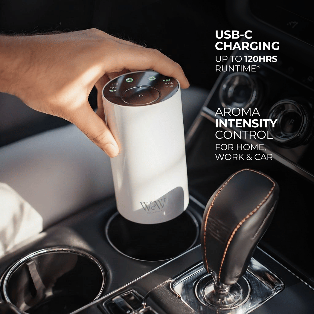 Hand holding a white wireless electronic diffuser in a car's cup holder with text about USB-C charging and aroma intensity control.