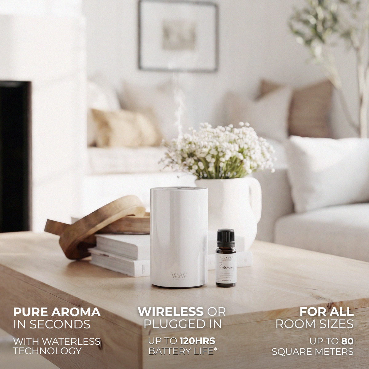 White wireless diffuser and essential oil bottle placed on a coffee table with product features displayed.