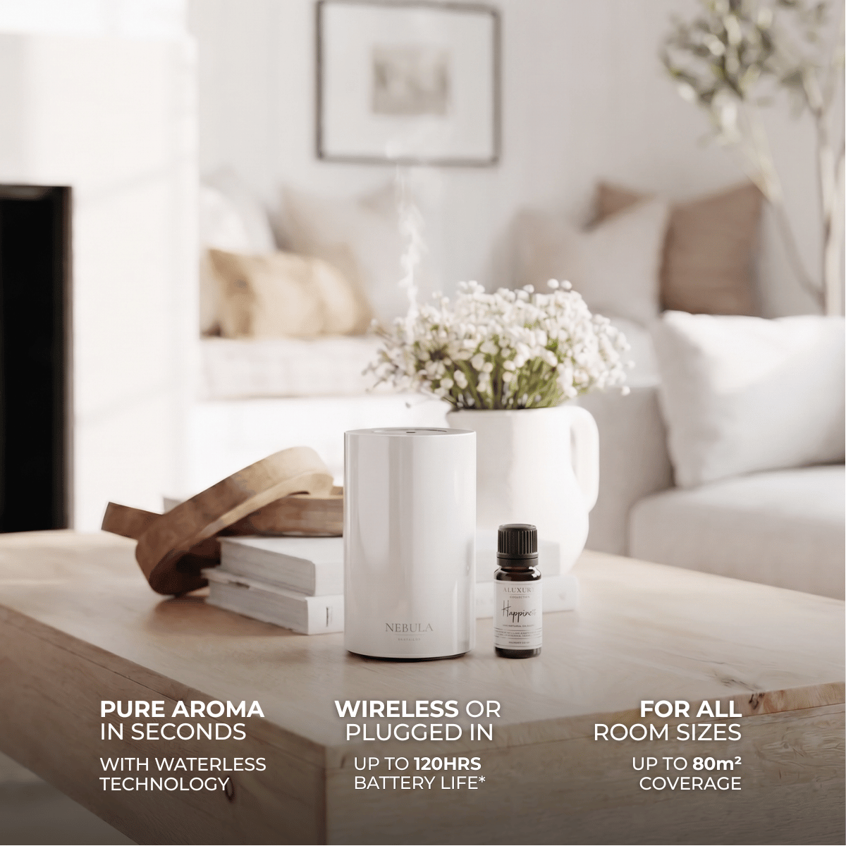 White wireless diffuser and essential oil bottle placed on a coffee table with product features displayed.