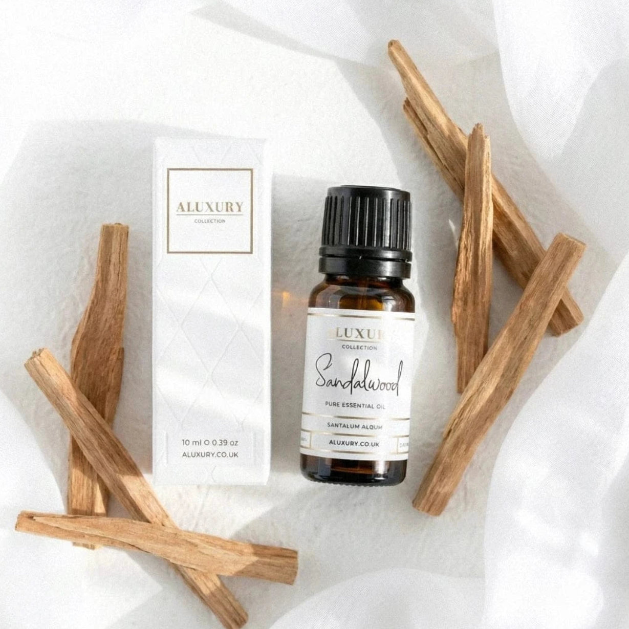 Luxury Sandalwood Essential Oil - Santalum Album with box and sandalwood heartwood