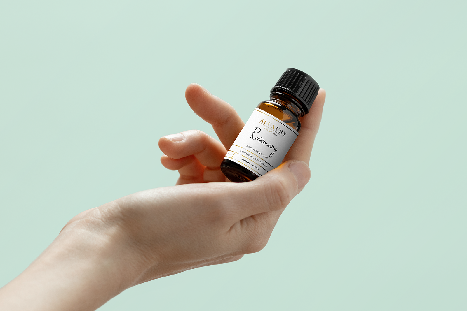 A hand holding a rosemary essential oil bottle