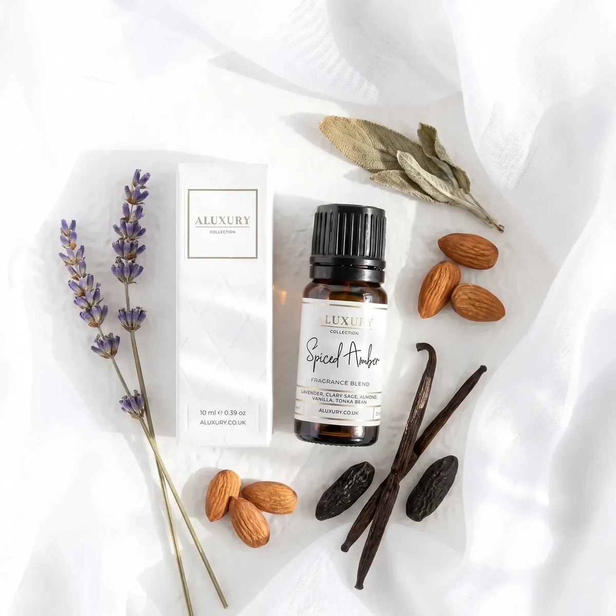 Spiced Amber 10ml diffuser fragrance oil with lavender, clary sage, almonds, vanilla pods and tonka beans