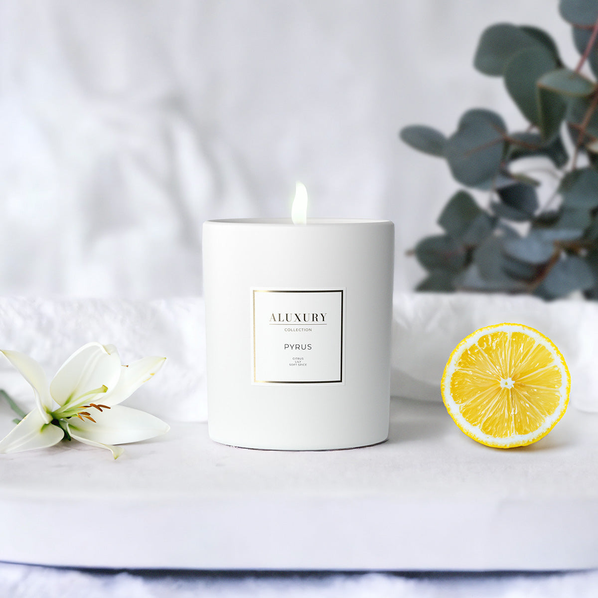White Pyrus luxury candle made with essential oils by ALUXURY