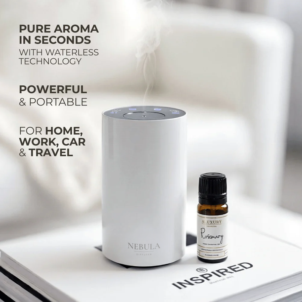 White portable waterless diffuser nebulizing with essential oil 