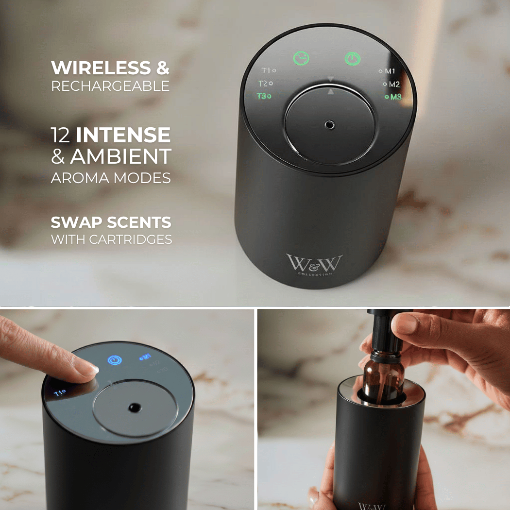 Wireless and rechargeable aroma diffuser in black with features listed on a marble surface 