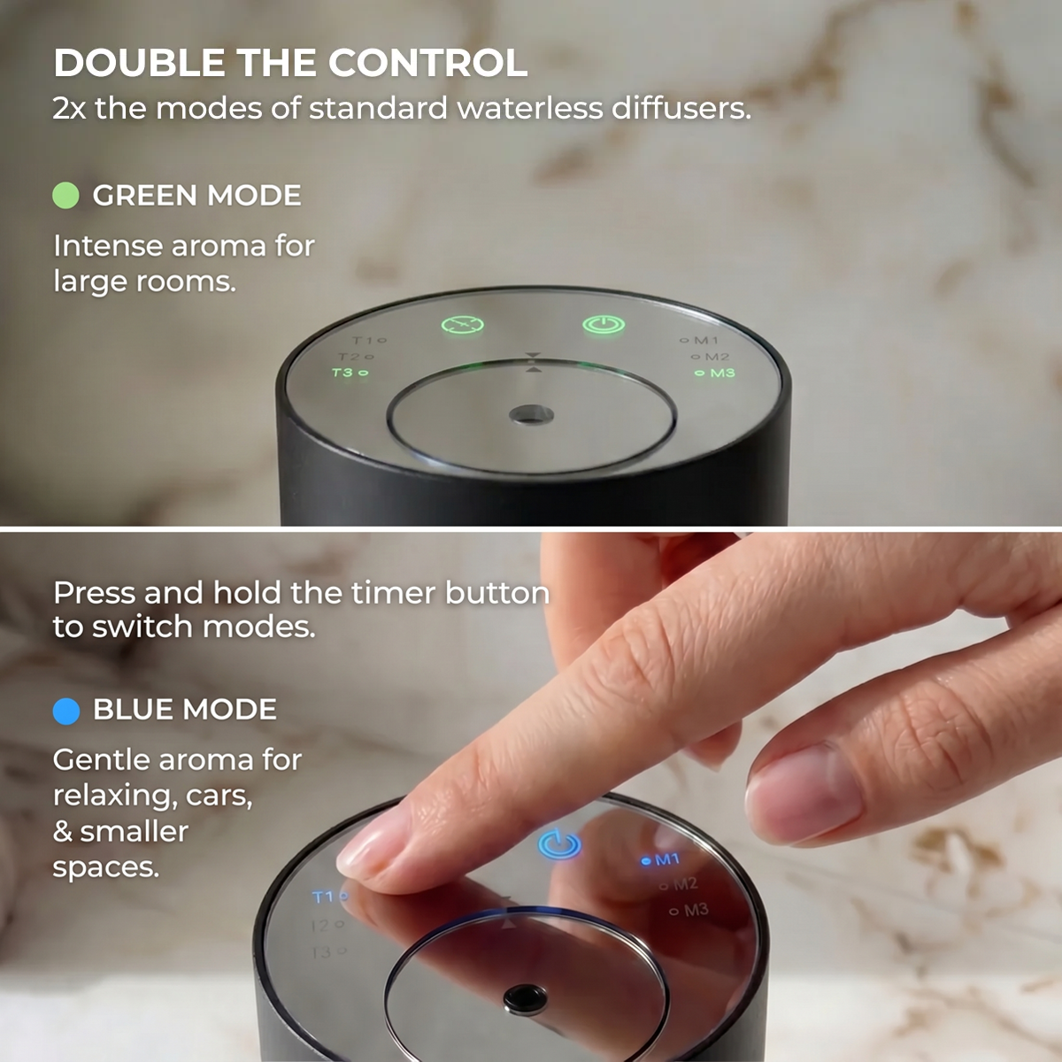 Wireless and rechargeable aroma diffuser in black with features listed on a marble surface 