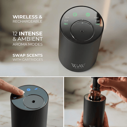 Wireless and rechargeable aroma diffuser in black with features listed on a marble surface 