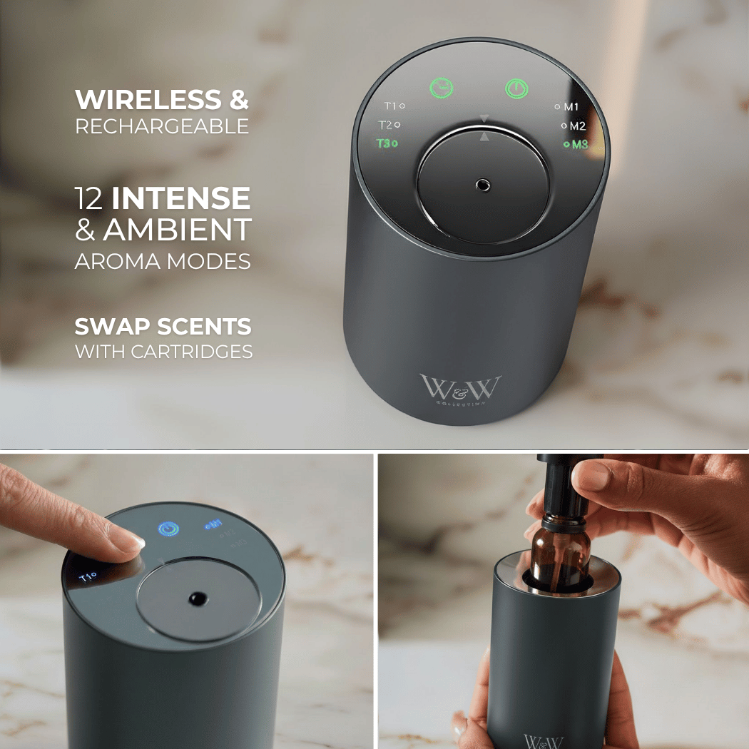 Wireless and rechargeable aroma diffuser in grey with features listed on a marble surface 