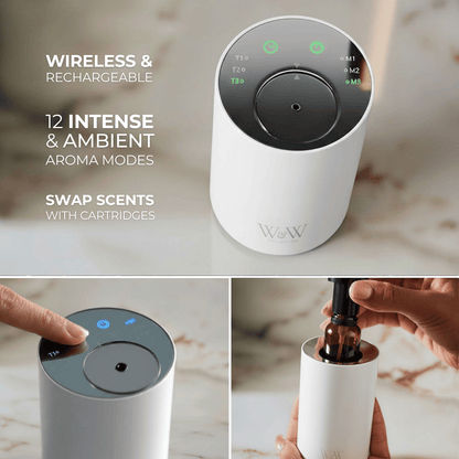Wireless and rechargeable aroma diffuser with features listed on a marble surface 