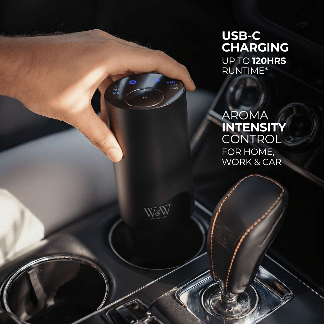 Hand holding a black wireless electronic diffuser in a car's cup holder with text about USB-C charging and aroma intensity control. 