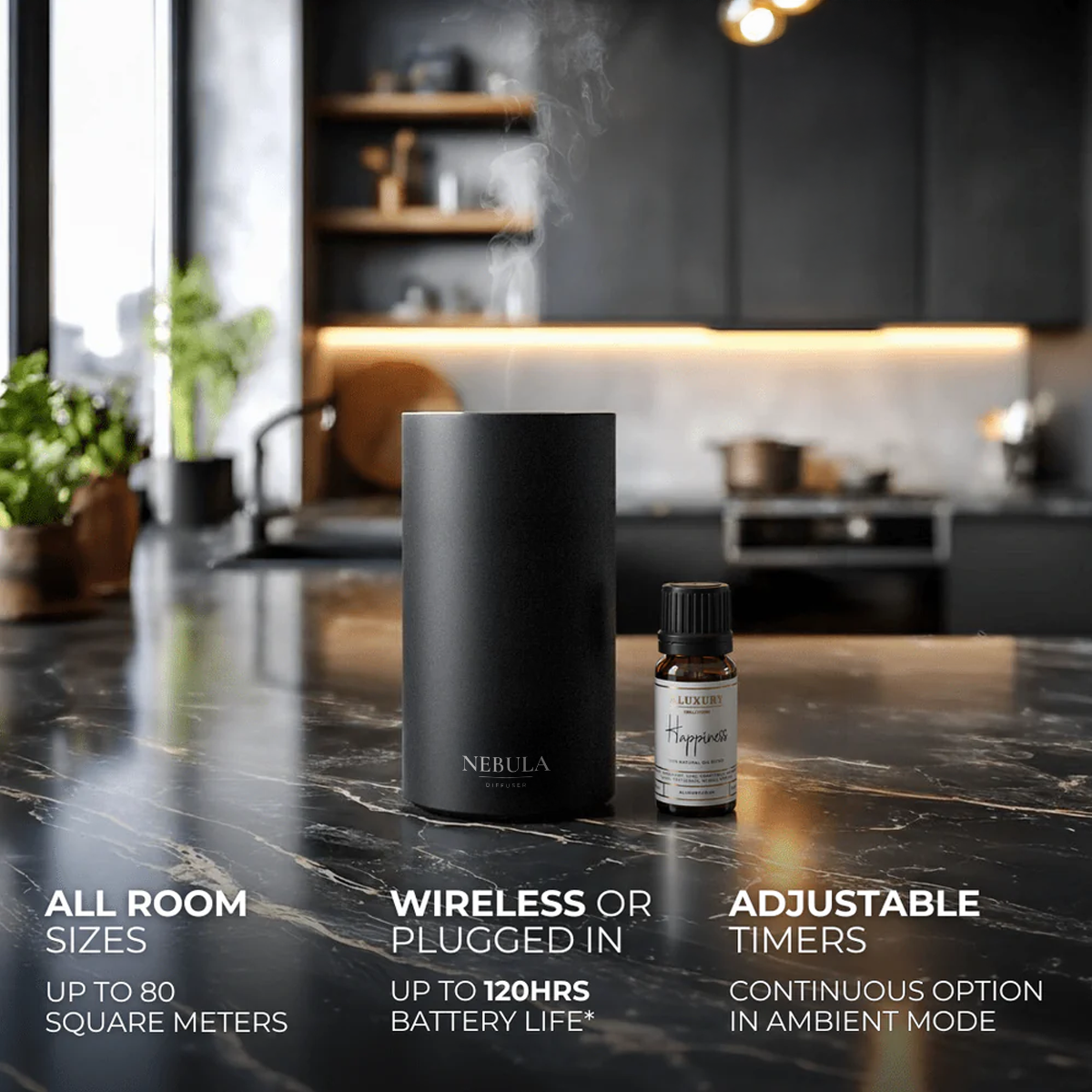 Black wireless diffuser and essential oil bottle on a kitchen counter with product features displayed. 