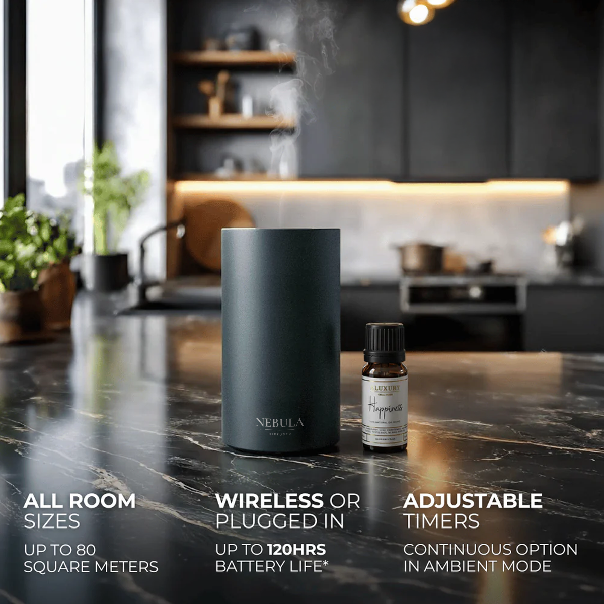 Grey wireless diffuser and essential oil bottle on a kitchen counter with product features displayed. 