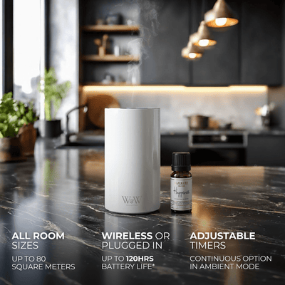 White wireless diffuser and essential oil bottle on a kitchen counter with product features displayed. 
