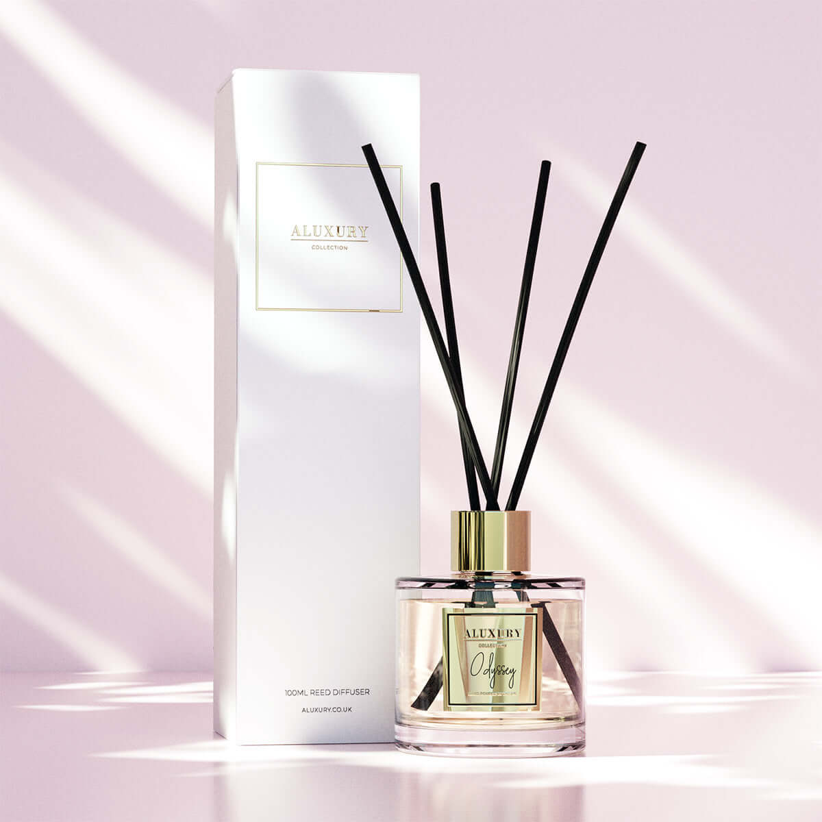 Odyssey luxury reed diffuser with black reeds and box by Aluxury