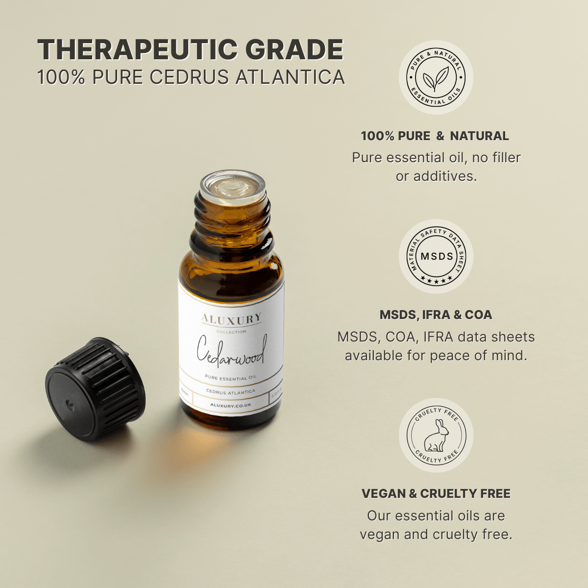 pure Cedarwood essential oil - natural, msds, ifra, coa.