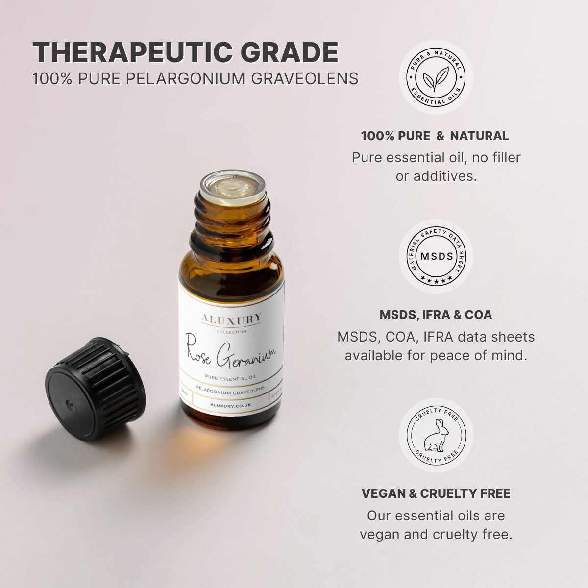 pure rose geranium essential oil - natural, msds, ifra, coa. 